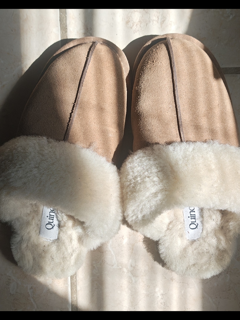 Quince Tan Suede Slip-On Slippers with Cream Shearling Size 6